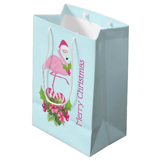 Sac Cadeau Moyen Flamant rose rose en Santa Hat avec Sucre de canne (Dos Angle)