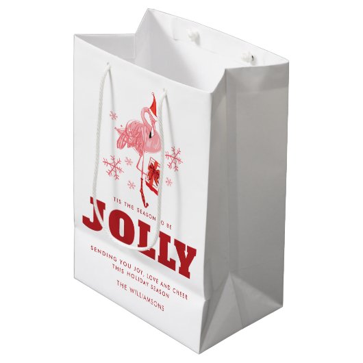 Sac Cadeau Moyen Flamant rose rose Plage tropicale Noël blanc (Devant Angle)