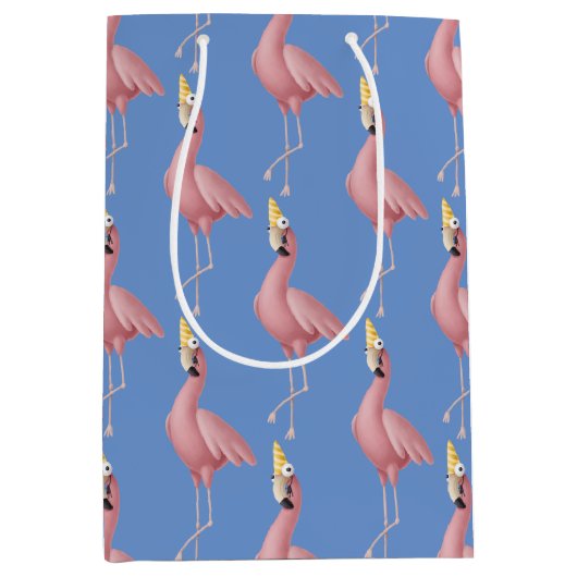 Sac Cadeau Moyen Flamant rose rose sur Blue Birthday (Devant)