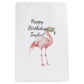 Sac Cadeau Moyen Flamant rose rose vert Anniversaire (Devant)