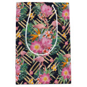 Sac Cadeau Moyen flamants et strokies tropicaux à fleurs et or (Devant)