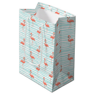 SAC CADEAU MOYEN FLAMANTS ROSES ET RAYURES VERTES