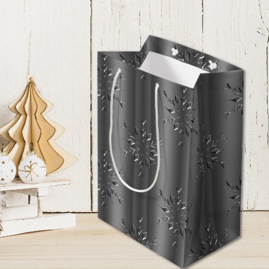 Sac Cadeau Moyen Flammes de neige en argent foncé Noël