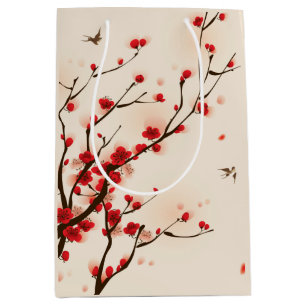 Sac Cadeau Moyen Fleur asiatique de prune de peinture de style au