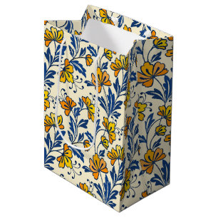 Sac Cadeau Moyen Fleur Bleue Feuillue de Style Folk Orange Jaune Vi