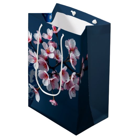 Sac Cadeau Moyen Fleur de Cerisier Bleu Blanc Pot Timeless Luxe (Devant Angle)