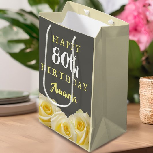 Sac Cadeau Moyen Fleur de rose jaune 80e anniversaire
