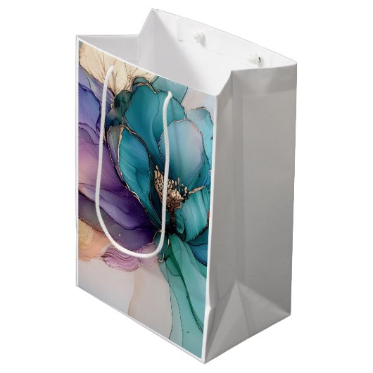 Sac Cadeau Moyen Fleur Or Bleu Aqua Violet Pourpre (Devant Angle)