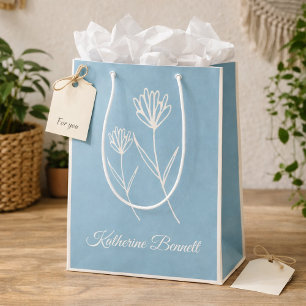 Sac Cadeau Moyen Fleur simple élégante bleu poussiéreux 