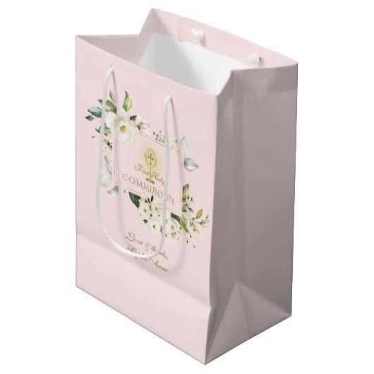 Sac Cadeau Moyen Fleurs blanches de luxe Gold Première Sainte Commu (Devant Angle)