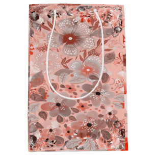Sac Cadeau Moyen Fleurs blanches et violettes sur un Motif rose