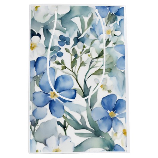 Sac Cadeau Moyen Fleurs Bleues Blancs Aquarelle Chic (Devant)