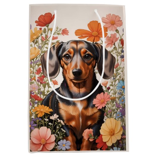 Sac Cadeau Moyen Fleurs Brown De Dachshund Et Cosmos (Devant)