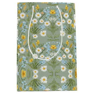 Sac Cadeau Moyen Fleurs champêtres Cottagecore vert sauge marguerit