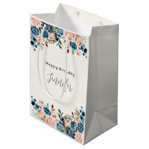 Sac Cadeau Moyen Fleurs d'aquarelle rose et bleu