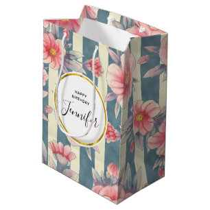Sac Cadeau Moyen Fleurs d'aquarelle rose sur rayures Anniversaire