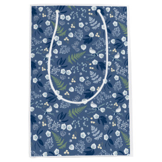 Sac Cadeau Moyen Fleurs de bois fougères oiseaux bleu vert jaune or