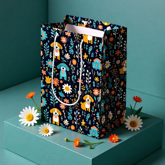 Sac Cadeau Moyen Fleurs de Chiot Bleu Cute