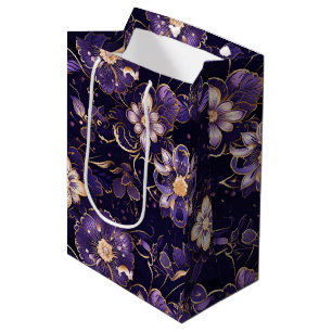 Sac Cadeau Moyen Fleurs de couleur violet foncé et or faux