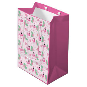 Sac Cadeau Moyen Fleurs de feuilles tropicales mignonnes Flamant ro