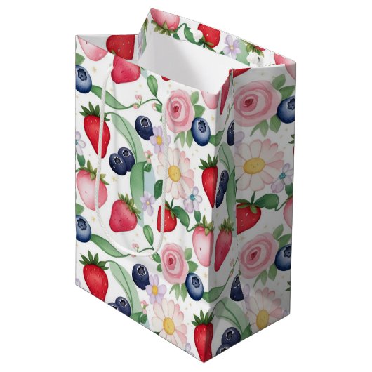 Sac Cadeau Moyen Fleurs de fraises roses Fête d'anniversaire pour e (Devant Angle)