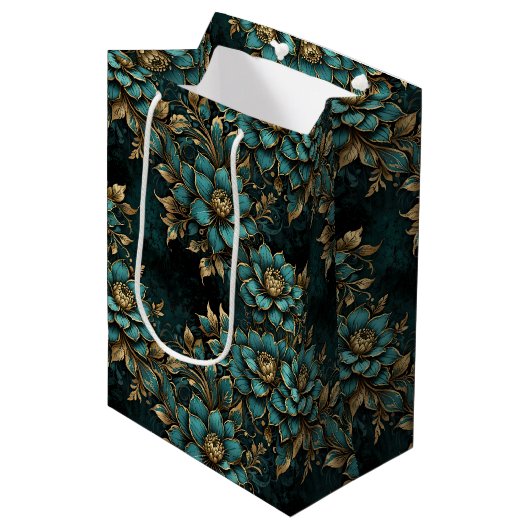 Sac Cadeau Moyen Fleurs de Grunge foncé turquoise et or (Devant Angle)