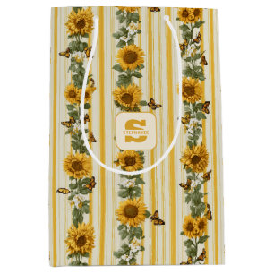 Sac Cadeau Moyen Fleurs de soleil et papillons sur bandes jaunes