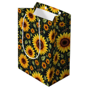 Sac Cadeau Moyen Fleurs de soleil jaunes sur le noir