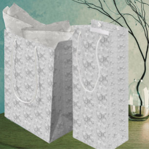 Sac Cadeau Moyen Fleurs de toile grise argentée vintage blanche