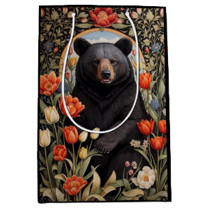 Sac Cadeau Moyen Fleurs de tulipes colorées à l'ours noir