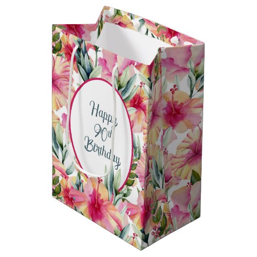 Sac Cadeau Moyen Fleurs d'Hibiscus pour 90e anniversaire (Devant Angle)