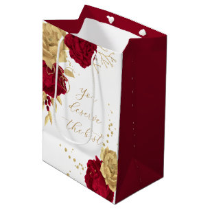 Sac Cadeau Moyen fleurs élégantes bordeaux et or