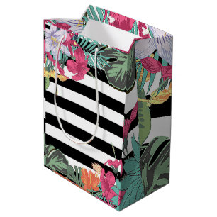 Sac Cadeau Moyen Fleurs Floral Tropical Feuilles Rayures Noir Blanc