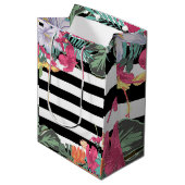 Sac Cadeau Moyen Fleurs florales tropicales Feuilles Blancs noirs (Devant Angle)