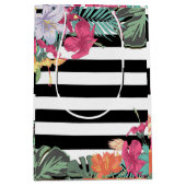 Sac Cadeau Moyen Fleurs florales tropicales Feuilles Blancs noirs (Devant)