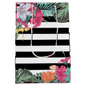 Sac Cadeau Moyen Fleurs florales tropicales Feuilles Blancs noirs (Dos)