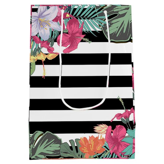Sac Cadeau Moyen Fleurs florales tropicales Feuilles Blancs noirs (Dos)