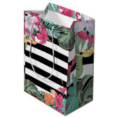 Sac Cadeau Moyen Fleurs florales tropicales Feuilles Blancs noirs (Dos Angle)