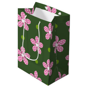 SAC CADEAU MOYEN FLEURS JOURNÉES BLANCHES VERTES ROSES