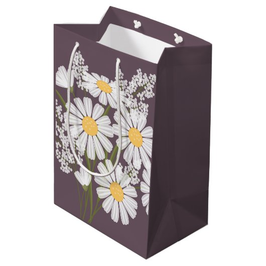 Sac Cadeau Moyen Fleurs marguerites blanches sur violet foncé (Dos Angle)