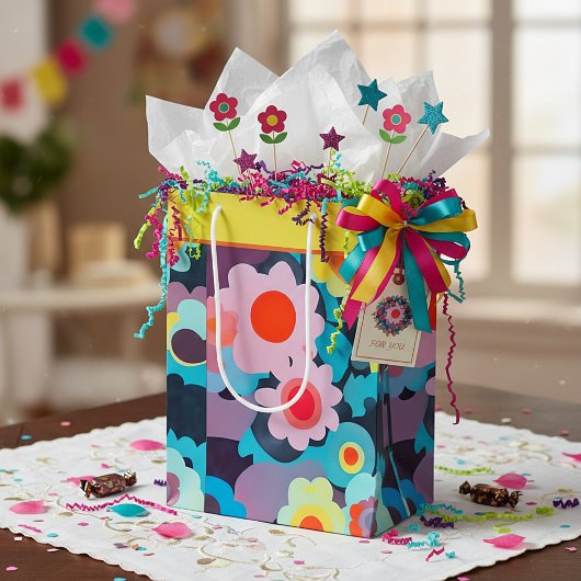 Sac cadeau moyen fleurs mode rétro