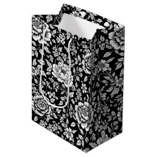 Sac Cadeau Moyen Fleurs noires et blanches, motif sans couture vint