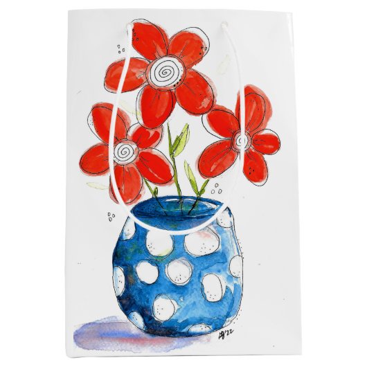 Sac Cadeau Moyen Fleurs orangées Whimsical dans Vase Bleu (Devant)