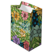 Sac Cadeau Moyen Fleurs rétro d'anniversaire personnalisées multico (Devant Angle)