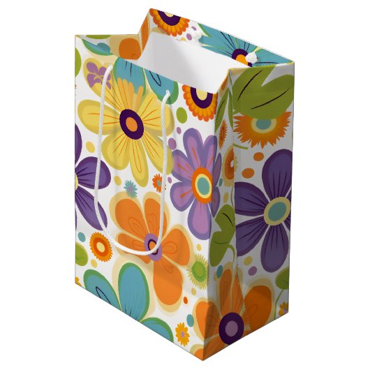 Sac Cadeau Moyen Fleurs rétro Lilac orange et vert (Devant Angle)