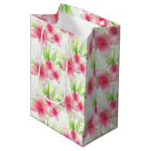 Sac Cadeau Moyen Fleurs roses sur blanc (Devant Angle)
