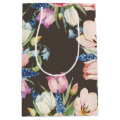 Sac Cadeau Moyen Fleurs roses sur Brown (Devant)