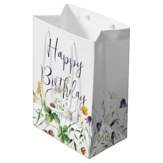 Sac Cadeau Moyen Fleurs sauvages d'anniversaire en blanc (Devant Angle)
