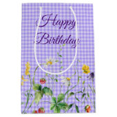 Sac Cadeau Moyen Fleurs sauvages D'Anniversaire Sur En vichy Violet (Devant)