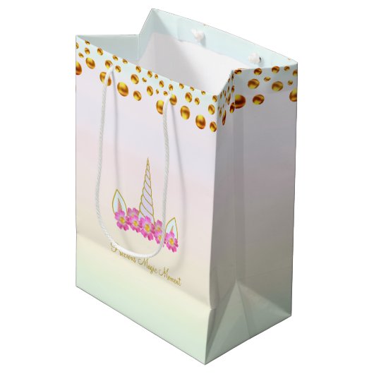Sac Cadeau Moyen Fleurs Unicorne Magique & Confetti Or (Devant Angle)